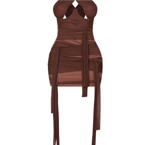 Shape Chocolate Brown Mesh Wrap Neck Tie Detail Bodycon Dress - Picture 1 of 10